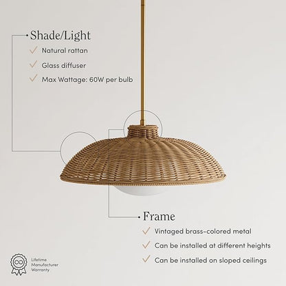 Nathan James Belleville Boho Rattan Pendant Light, Sloped Ceiling Pendant Light with Rattan Shade