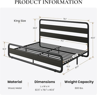 SHA CERLIN King Size Metal Bed Frame with Wooden Headboard and Footboard, Heavy Duty Platform Bed Frame with 10" Under-Bed Storage, Noise-Free, No Box Spring Needed, Black