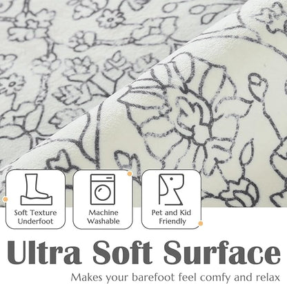jinchan Vintage Floral Washable Runner Rug 2x6 Non-Slip Faux Wool Carpet, Grey