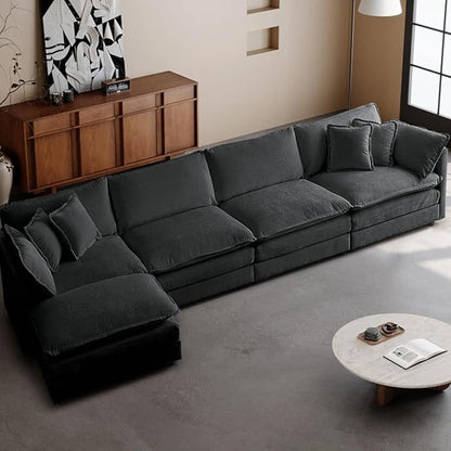 SoarFlash Chenille Sectional Sofa, Comfy L Shaped Modular Coush Sofa with Ottoman, Modern 4 Seat Couch Deep Seat Sofa Set for Living Room,Grey