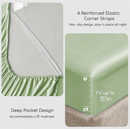 MR&HM Satin Bed Sheets with Elastic Corner Straps, Full Size Sheets Set, 4 Pcs Silky Bedding Set with 15 Inches Deep Pocket for Mattress (Full, Light Sage)