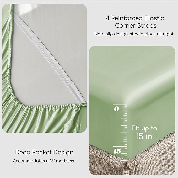MR&HM Satin Bed Sheets with Elastic Corner Straps, King Size Sheets Set, 4 Pcs Silky Bedding Set with 15 Inches Deep Pocket for Mattress (King, Light Sage)