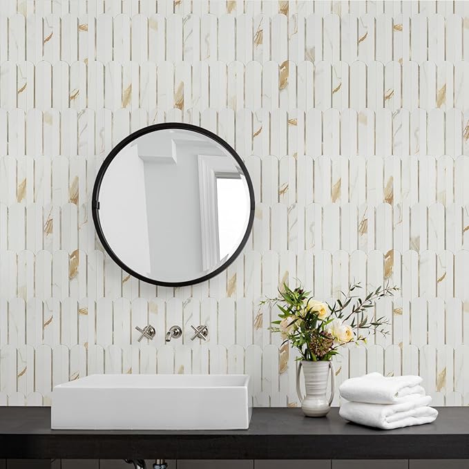 Vamos Tile Peel and Stick Backsplash Seamless Tile,10 Sheets Stick on Backsplash for Kitchen & Bathroom, Calacatta Gold+Matt Pure White Marble Look PVC+ Light Gold Self Adhesive Backsplash Tile