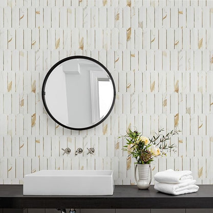 Vamos Tile Peel and Stick Backsplash Seamless Tile,10 Sheets Stick on Backsplash for Kitchen & Bathroom, Calacatta Gold+Matt Pure White Marble Look PVC+ Light Gold Self Adhesive Backsplash Tile