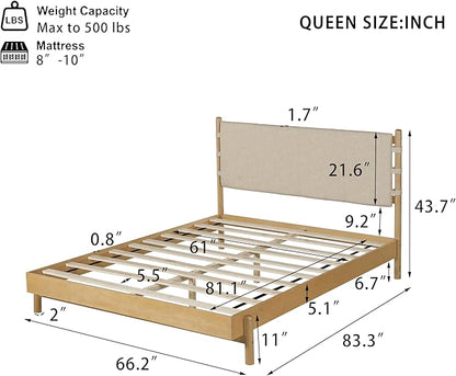 Premium Rubber Wood Platform Bed Frames, Queen Size Headboard Included, Mid Century Modern Beds, Beige