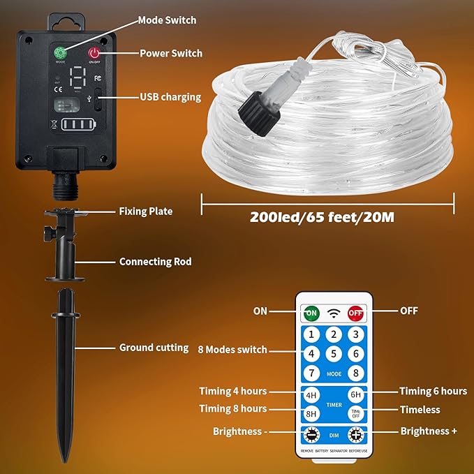 Solar Rope Lights Waterproof 65FT 200LEDs,High Capacity Rechargeable Battery,Dual Charging,Outdoor String Light,Remote-Control,for Pathway Patio Garden Palm Tree Christmas (Brighter - Warm White)