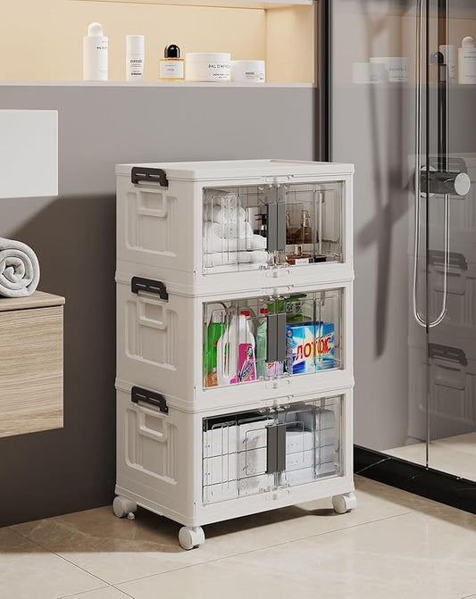 OlarHike Stackable Storage Bins with Lids Folding Storage Box with Doors and Wheels  3 Pack Cubes