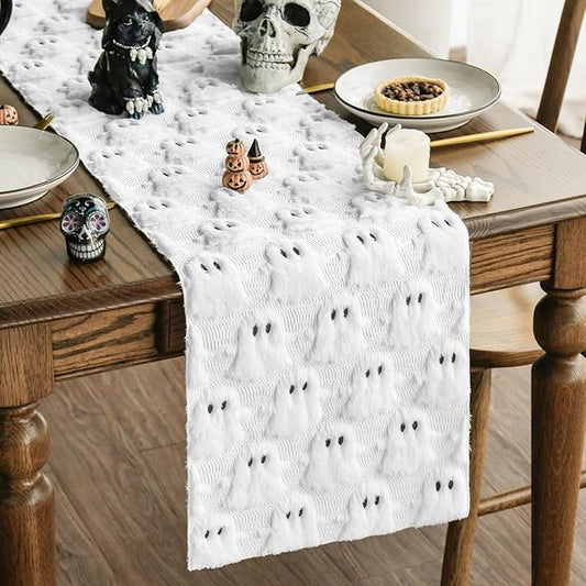 Artoid Mode Ghost Soft Plush Faux Fur Jacquard Halloween Table Runner, Holiday Kitchen Dining Table Decoration for Home Party Decor 13x60 Inch