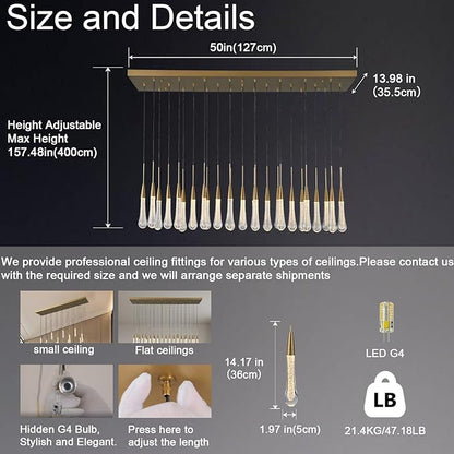 25-Lights Rectangle Gold Raindrop Chandelier with Glass, Luxury Farmhouse Large Linear Chandeliers for Dining Room Over Table, Brass Pendant Ceiling Light Fixture for Kitchen Island