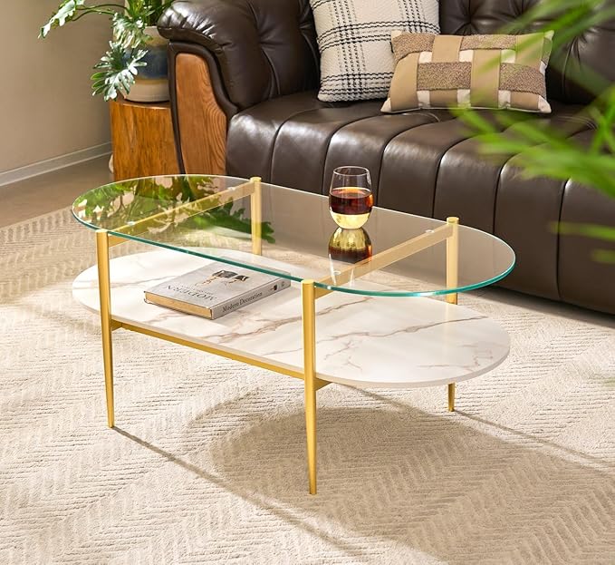 AGV LIGHTING Oval Rectangle Coffee Table with Clear Glass Top, Modern Coffee Table, White Marble MDF Shelf and Glod Metal Legs, Capsule Shape 2 Tier Coffee Table for Living Room, 42 Inch