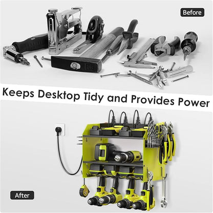 CCCEI Set Power Tool Organizer Wall Mount with Charging Station. Garage 4 Drill Storage Shelf with Hooks, Heavy Duty Metal Tool Battery Charger Organizer. Shop Utility Rack with Power Strip Green.