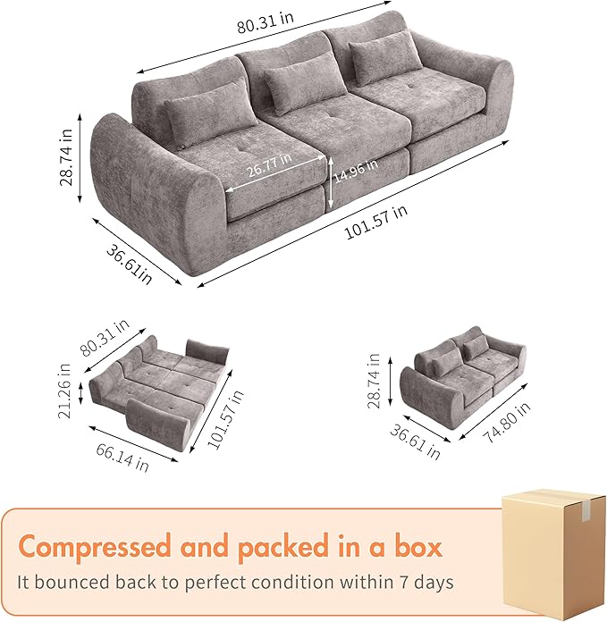 101.6" Modular Sectional Cloud Sofa,Floor Boneless Couch, 4-in-1 Folding Convertible Sofa Bed, Modular Cushion Couch,Suitable for Living Room,Bedroom and Recreation Room (Gray)