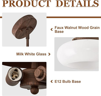 Mid-Century Modern Faux Walnut Wood Semi Flush Mount Ceiling Light, 3-Light Kitchen Light Fixtures with Glass Shade for Entryway Hallway Bathroom Bedroom (12.6 Inch)