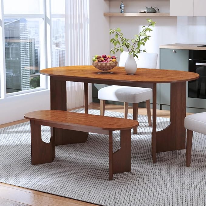 63" Oval Wooden Dining Table, Farmhouse Walnut Kitchen & Dining Room Table for 4-6 Seats, Modern Long Dinner Table with Pedestal Base, Home Desk for Kitchen, Living Room, Medium Walnut