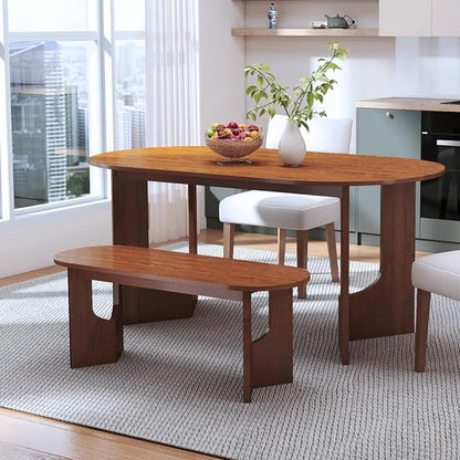 63" Oval Wooden Dining Table, Farmhouse Walnut Kitchen & Dining Room Table for 4-6 Seats, Modern Long Dinner Table with Pedestal Base, Home Desk for Kitchen, Living Room, Medium Walnut