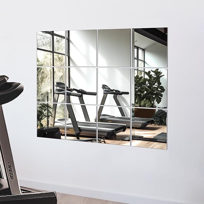 Home Gym Wall Mirror, 12"x12"x12PCS Full Length Home Gym Workout Mirror for Garage, Bedroom, Living Room, Over The Door