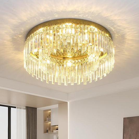 24in Gold Crystal Chandeliers Flush Mount Ceiling Light, 8 Lights Modern Crystal Ceiling Light, Large Round Chandelier Lighting Fixture for Dining Room Living Room Bedroom Kitchen