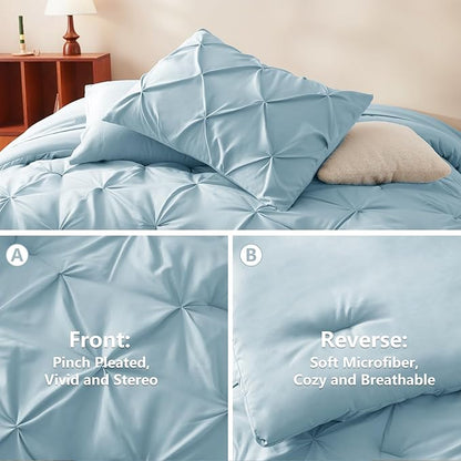 CozyLux Twin XL Comforter Set Light Blue, 5 Pieces Twin Extra Long Pintuck Bed in A Bag for College Dorm, Pinch Pleat Bedding Set with Comforter, Sheets, Pillowcase & Sham