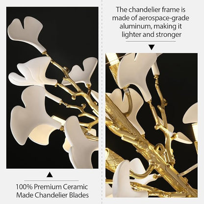 Modern Gold Tree Branch Chandeliers for Dining Room,55" Rectangle Ceramic Ginkgo Leaf Chandelier, Dining Chandelier Over Table,Linear Chandeliers for Dining Room, Living,Kitchen