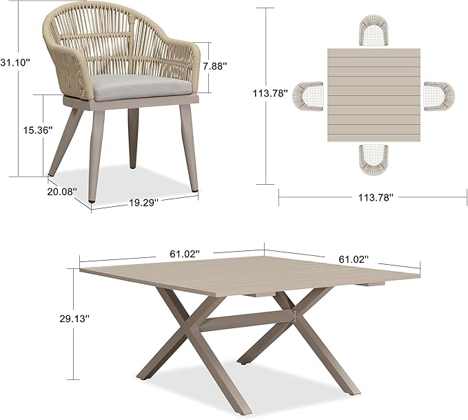 PURPLE LEAF 5 Pieces Oversized Square Patio Dining Set with Outdoor Aluminium Dining Table and Woven Chairs Modern Metal Furniture Cushions Sets for Garden Yard Indoor Decor Kitchen Champagne