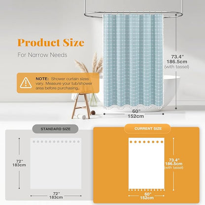 BTTN 60 Inch Stall Shower Curtain - Boho Farmhouse Linen Thick Fabric Cloth Shower Curtain Set with 10 Plastic Hooks, Narrow Bohemian Country Decorative Shower Curtain for Bathroom - 60x72 - Fog Blue