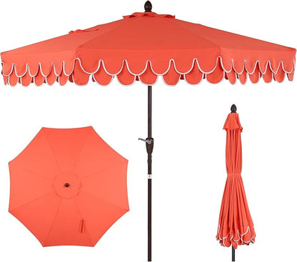 JONATHAN Y UMB1002A Tracy 9 ft. Classic MidCentury Scalloped Fringe Market Patio Umbrella with Auto-Tilt, Crank, Wind Vent and UV Protection in Coral Red/White