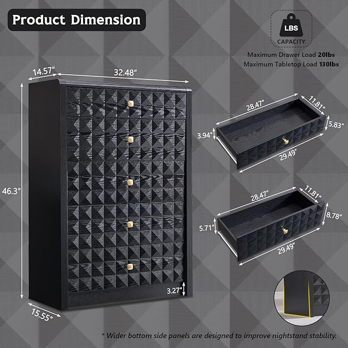 Modern 5 Drawer Dresser for Bedroom, Wooden Tall Dressers &Chests of Drawers w/Two Different Drawer Sizes, Mid Century Modern Dresser w/Diamond Panel Decorate for Bedroom, Curved Profile Design, Black