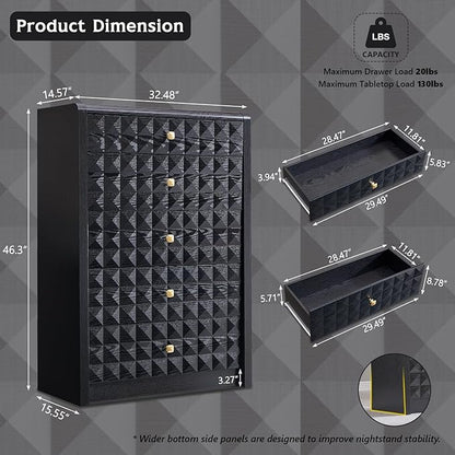 Modern 5 Drawer Dresser for Bedroom, Wooden Tall Dressers &Chests of Drawers w/Two Different Drawer Sizes, Mid Century Modern Dresser w/Diamond Panel Decorate for Bedroom, Curved Profile Design, Black