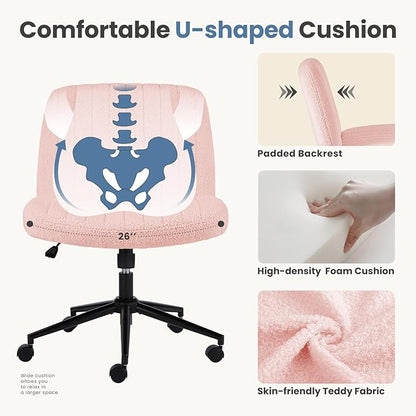 DUMOS Criss Cross Chair with Wheels, Wide Cross Legged Desk Vanity Chairs, Armless Adjustable Swivel Chairs for Home Computer Task, Teddy Pink