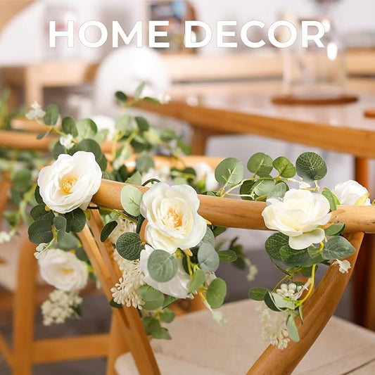 Der Rose 4 Pcs 13Ft Artificial Eucalyptus Flower Garland with Fake Silk Rose Flower Vine Seeded Eucalyptus Leaves Greenery Garland for Wedding Arch Table Wall Backdrop Party Room Decor (Champagne)