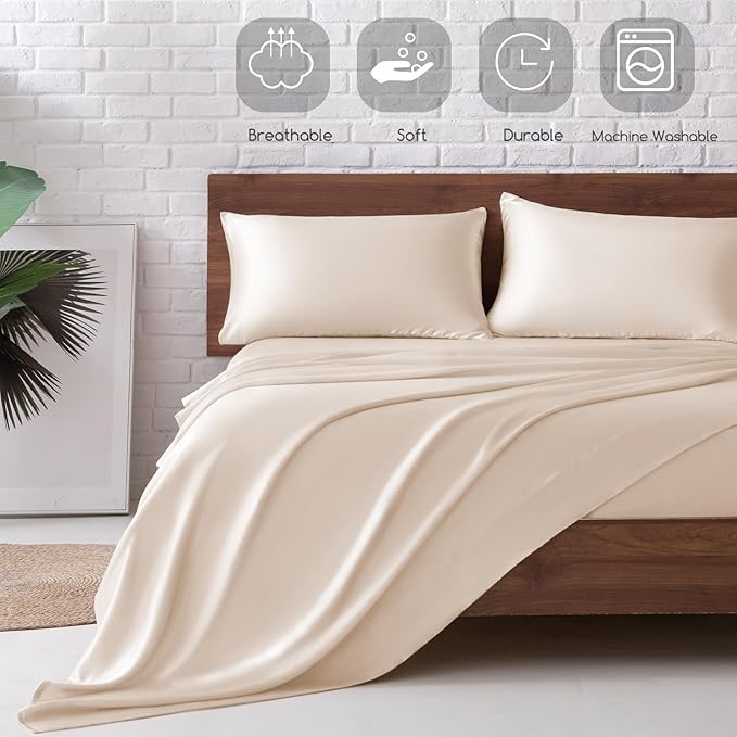 MR&HM Satin Bed Sheets, Full Size Sheets Set, 4 Pcs Silky Bedding Set with 15 Inches Deep Pocket for Mattress (Full, Beige)