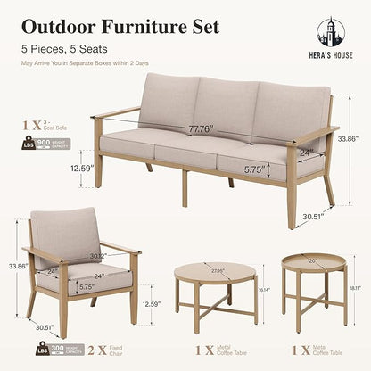 HERA'S HOUSE Patio Furniture Set 5-Piece, All-Weather Metal Outdoor Conversation Set with Wood Grain Finish, 2 x Leg Chair, 1 x 3-Seat Outdoor Chair, 2 x Multi-Functional Table for Garden Deck Backyard