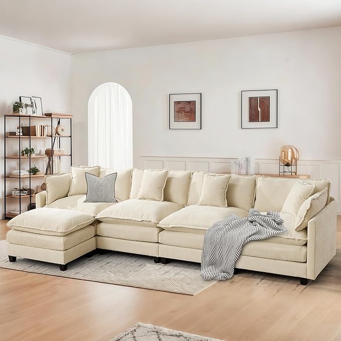 SoarFlash 143.2" Chenille Sectional Sofa, Comfy L Shaped Modular Coush Sofa with Ottoman, Modern 4 Seat Couch Deep Seat Sofa Set for Living Room,Beige