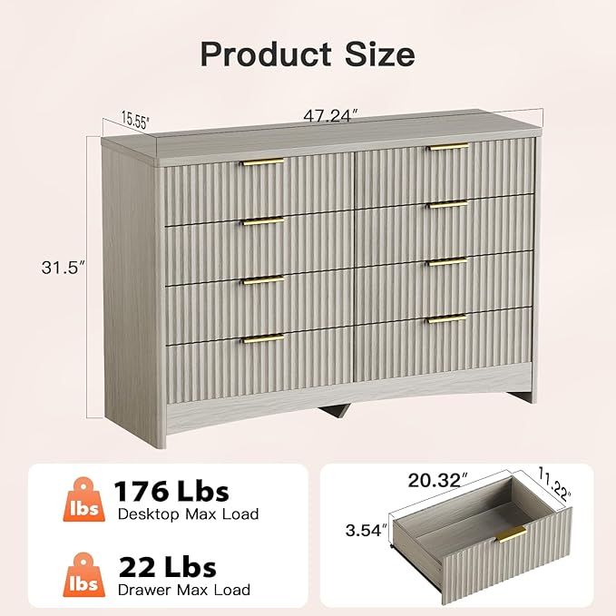 Pipishell Fluted 8 Drawers Dresser for Bedroom, 47" Wooden Drawers with Metal Handle, Dressers with Round Edge Design, Closet Clothes Storage Organizer for Bedroom, Hallway, Grey