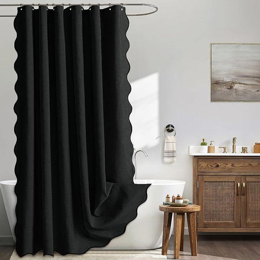 MIULEE Black Scalloped Shower Curtain Linen Textured with 12 Metal Hooks Cute Heavy Duty Washable Waterproof Thick Cloth Halloween Shower Curtains with Black Border for Bathroom Hotel Bathtub,W72*L72