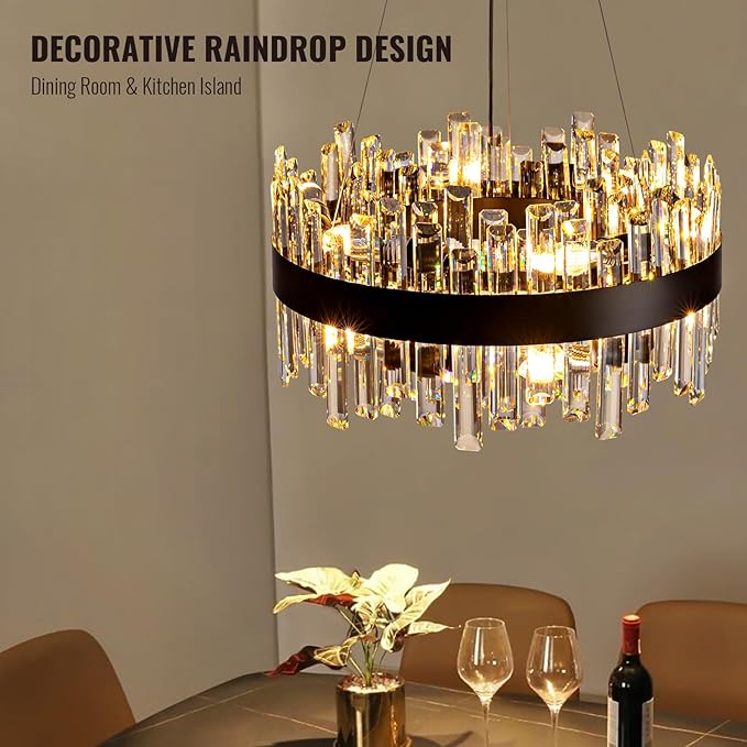 Siljoy Black Crystal Chandelier for Dining Room, Modern 2-Tiers K9 Crystal Raindrop Chandelier 12 Lights Dimmable Farmhouse Pendant Ceiling Light for Living Room Kitchen Island Entry Foyer D19.7''