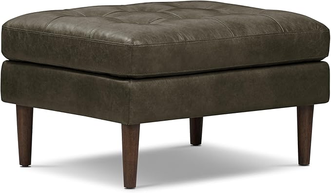 POLY & BARK Napa Ottoman - Full-Grain Leather Upholstered Ottoman with Feather-Down Topper - Accent Chairs for Living Room - Vintage Italian Leather in Olivine Green