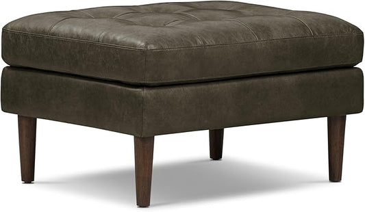 POLY & BARK Napa Ottoman - Full-Grain Leather Upholstered Ottoman with Feather-Down Topper - Accent Chairs for Living Room - Vintage Italian Leather in Olivine Green