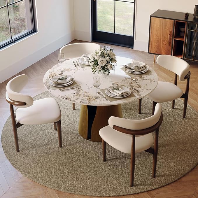 POVISON 47" Round Dining Table for 4, Modern Dining Table,Pandora Sintered Stone Dining Tabletop with Bronze Carbon Steel Pedestal for Dining Room (Dining Room Table Only)