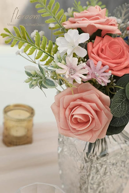 Floroom Artificial Flowers 50pcs Real Looking Mixed Living Coral Foam Fake Roses with Stems for DIY Wedding Bouquets Bridal Shower Centerpieces Floral Arrangements Party Tables Home Decorations