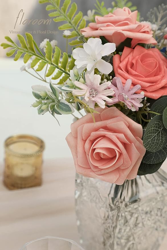 Floroom Artificial Flowers 25pcs Real Looking Mixed Living Coral Foam Fake Roses with Stems for DIY Wedding Bouquets Bridal Shower Centerpieces Floral Arrangements Party Tables Home Decorations