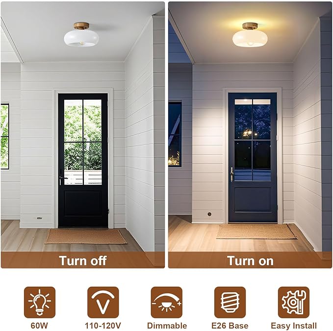 Mid-Century Modern Semi Flush Mount Ceiling Light, Faux Wood Kitchen Ceiling Light Fixture with Glass Shade, Mini White Close to Ceiling Lamp for Entryway Hallway Bathroom (11.0 Inch)