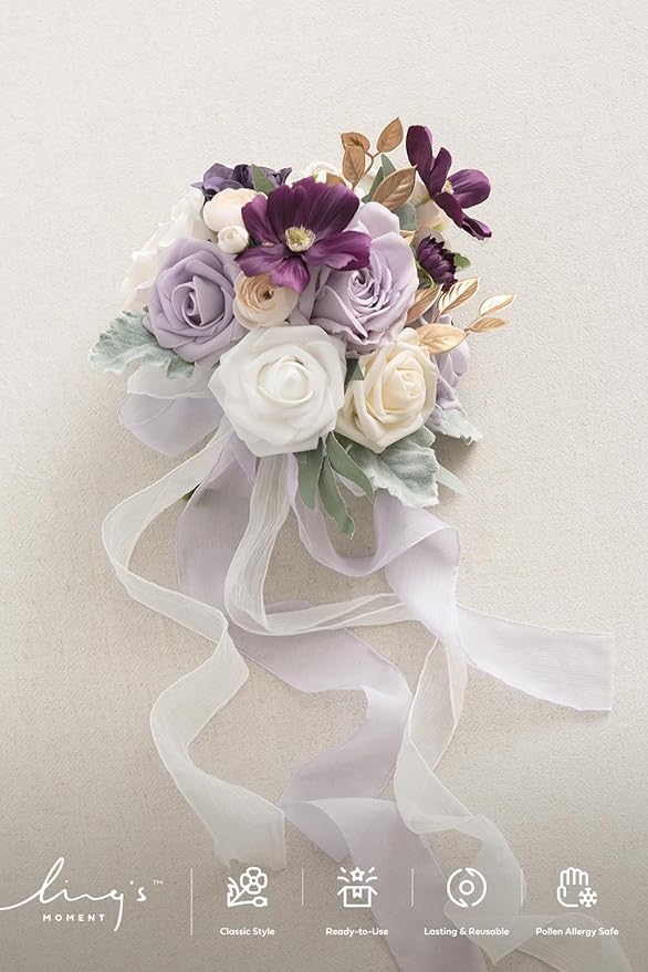 Ling's moment Artificial Flowers Purple Bridesmaid Bouquet, Lavender Wedding Flowers Bouquets for Bridesmaids, 7 Inch Bridal Bouquets for Bridesmaids, Wedding, Ceremony, Anniversary, etc