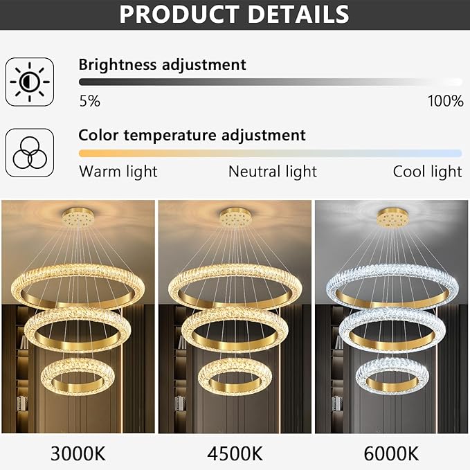 31.5" 3 Ring Crystal Chandelier Modern LED Dimmable Ring Pendant Light Round Chandelier for Dining Room Living Room Gold