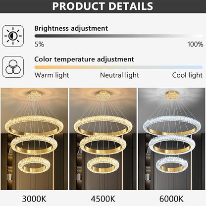 31.5" 3 Ring Crystal Chandelier Modern LED Dimmable Ring Pendant Light Round Chandelier for Dining Room Living Room Gold