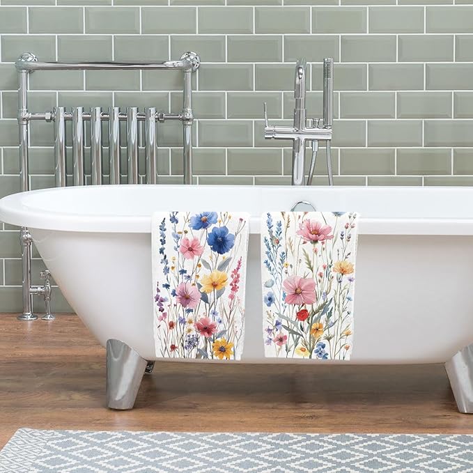 Watercolor Wildflower Kitchen Towels Set of 2 Absorbent Butterfly Dish Towels Housewarming Holiday Tabletop Decor Floral