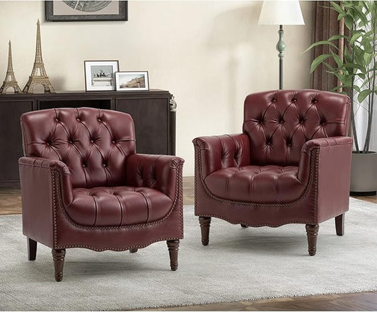 HULALA HOME Mid Century Modern Leather Club Chairs Set of 2, Top-Grain Genuine Leather Armchairs with Button-Tufted Back & Solid Wood Legs, Accent Chairs for Living Room/Bedroom/Home Office, Burgundy