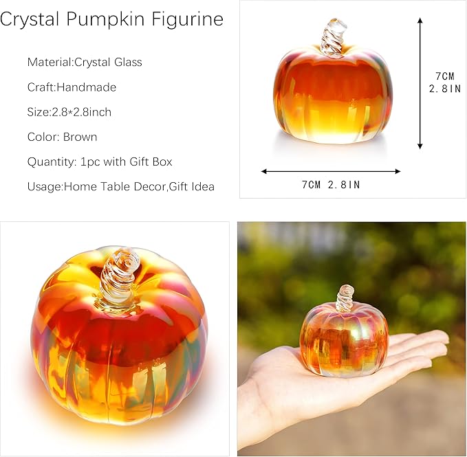 HDCRYSTALGIFTS 2.8inch Brown Striped Crystal Pumpkin Figurine Collectible Glass Pumpkins DecorTable Accent for Fall Harvest Decorating