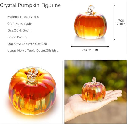 HDCRYSTALGIFTS 2.8inch Brown Striped Crystal Pumpkin Figurine Collectible Glass Pumpkins DecorTable Accent for Fall Harvest Decorating
