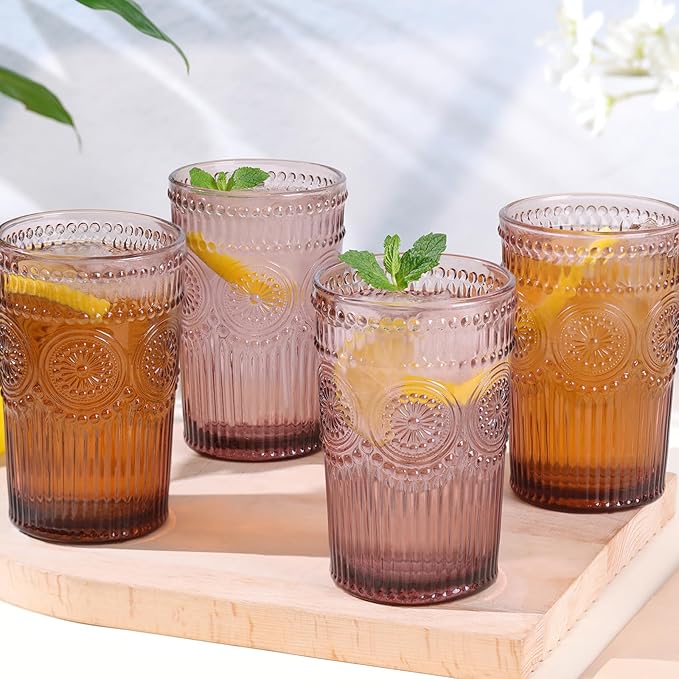 Vintage Glassware Drinking Glasses Set of 4-13 oz Purple Highball Glasses Water Tumbler, Embossed Glassware Cups for Juice, Beer, Cocktail, Whiskey, Various Mixed Drinks